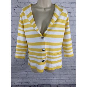 Optimum NZ White Yellow Striped 3/4 Sleeve Cape Collared 3 Button Knit Sweater S
